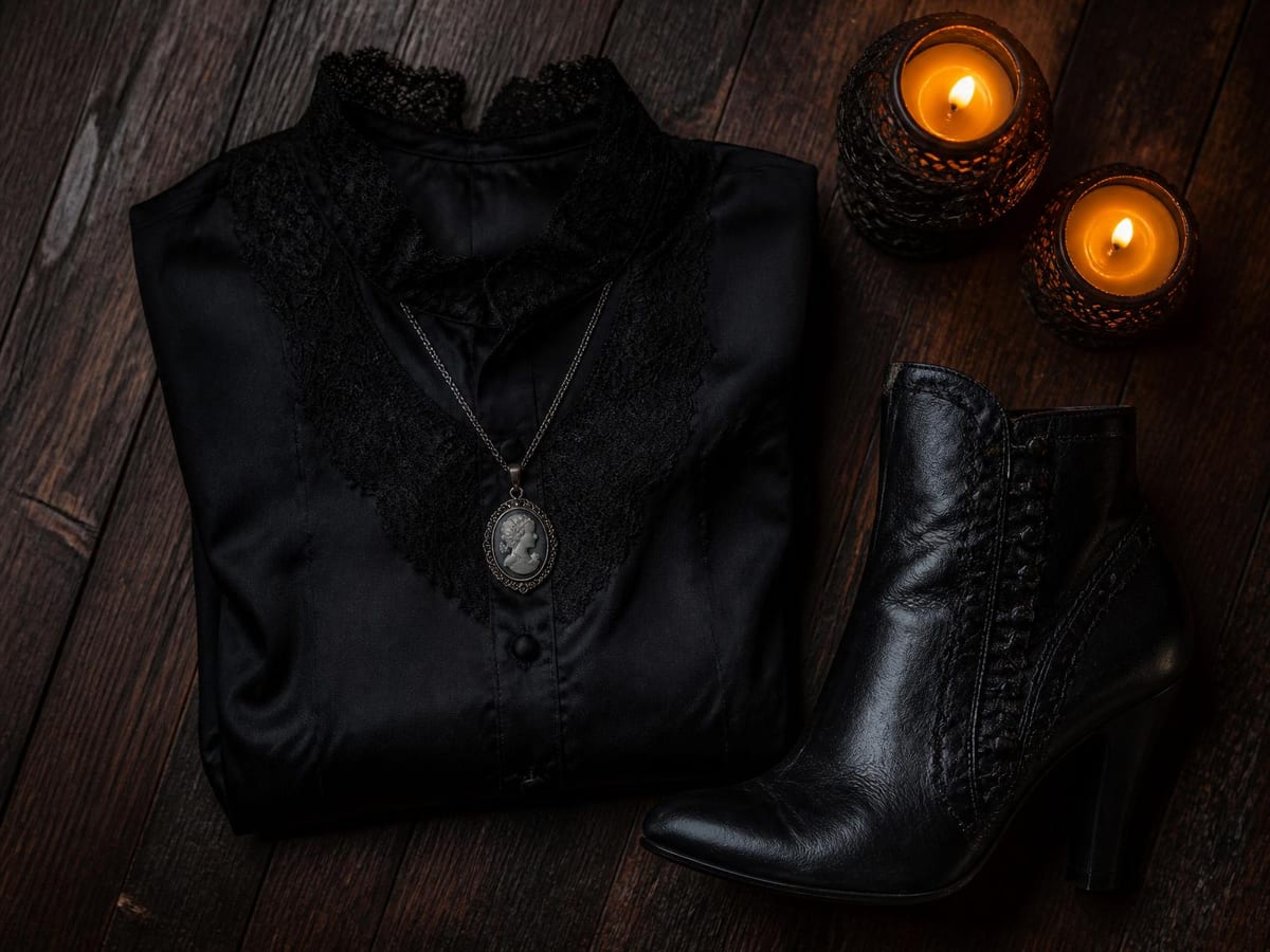 A flat lay of budget-friendly gothic wardrobe basics: black lace blouse, tights, cameo necklace, and a single lace-up ankle boot on dark wood.