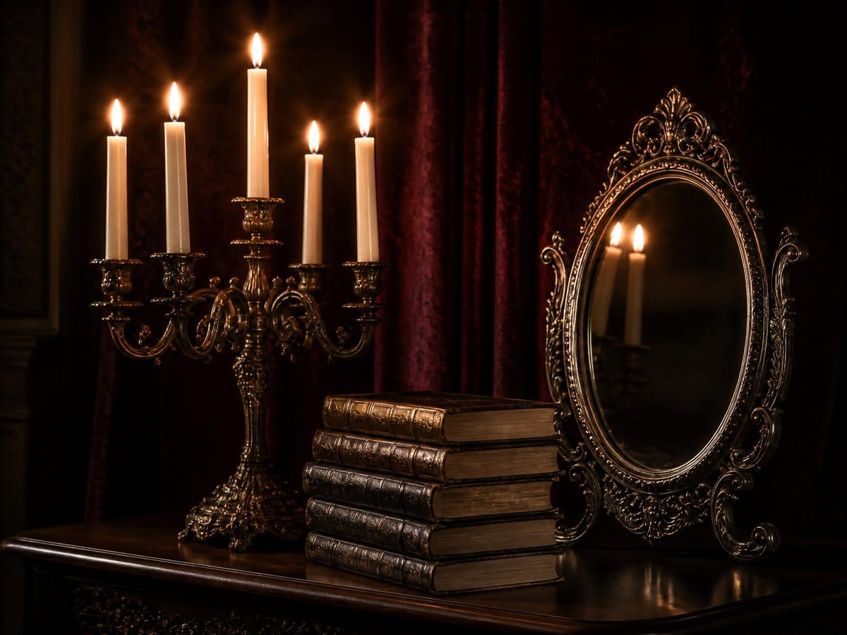 An ornate brass candelabra with lit candles beside dark leather books and a small framed botanical print, against deep burgundy velvet.