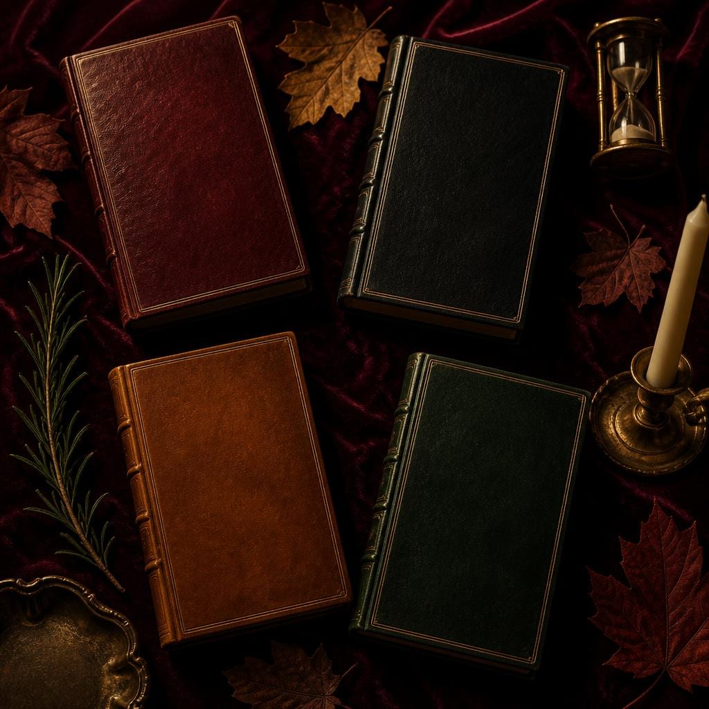 Four antique leather-bound books arranged on dark velvet with autumn leaves, a small brass hourglass, and a taper candle in a bronze holder.